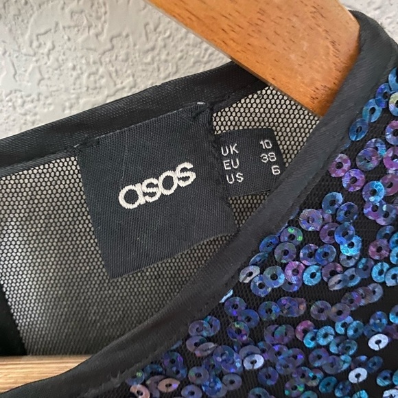 ASOS blue and black sequin mesh back backless cap sleeve dress party event sz 6 - Picture 10 of 12